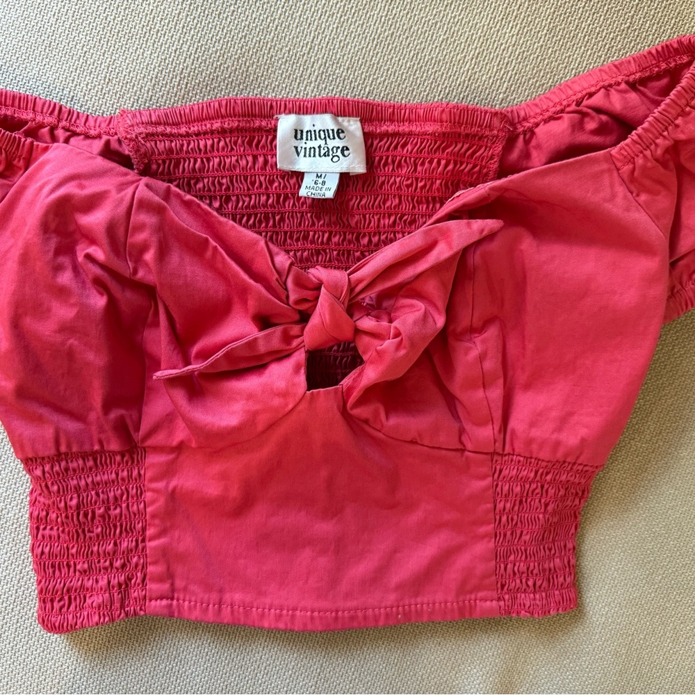 Unique Vintage Pink Smocked Tie Front Blouse